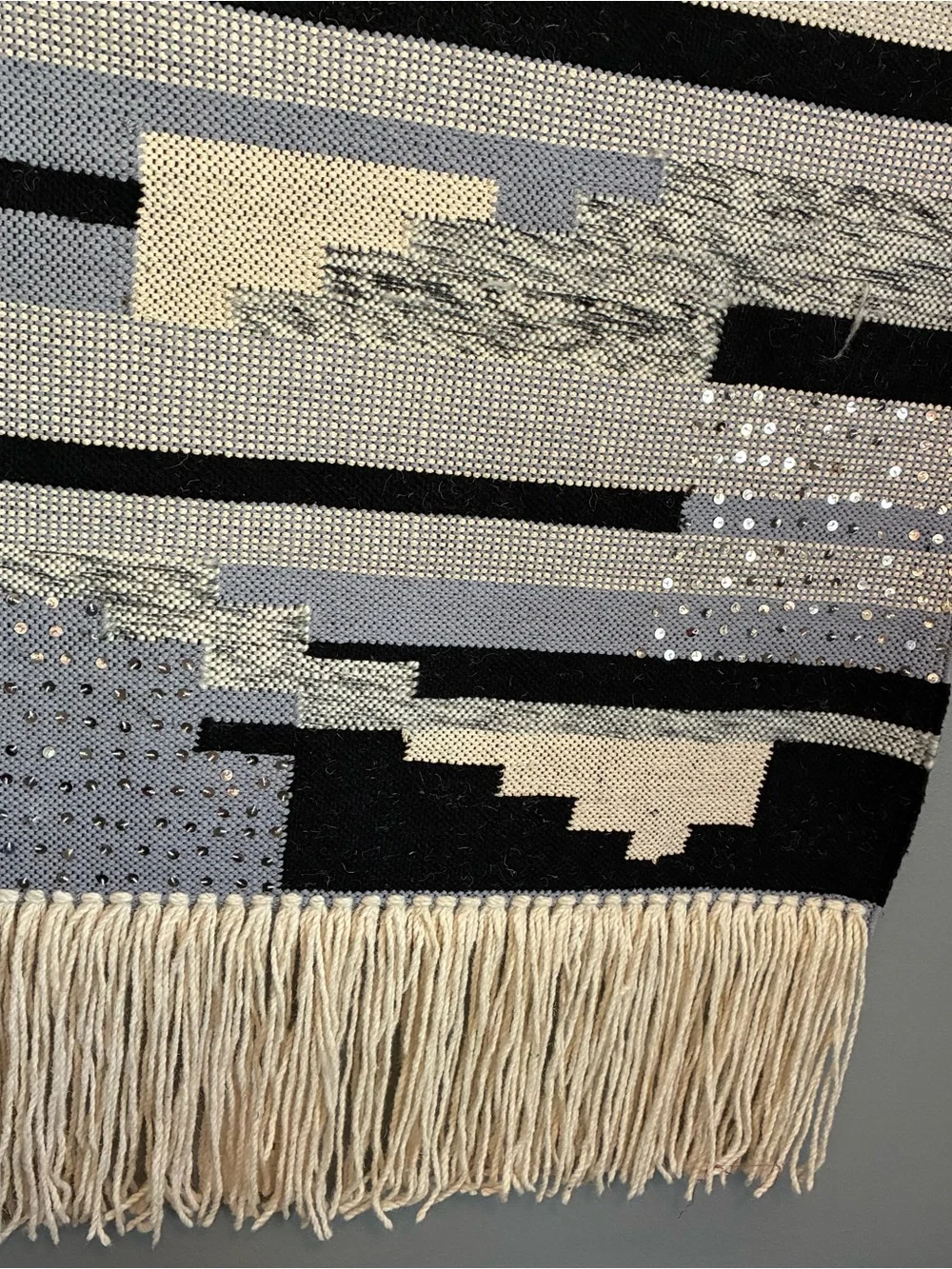 New. Wool Handwoven Boho Geometric Wall Hanging Decor - Beige, Gray & Black